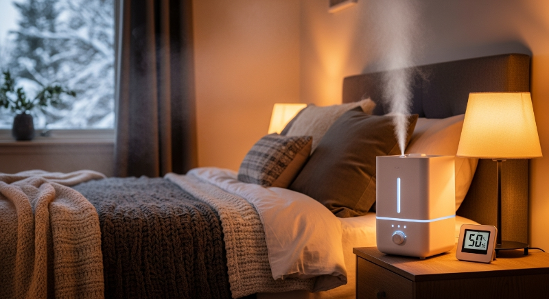 겨울철 피부 건강을 위해 가습기로 실내 적정 습도 50%를 유지하고 있는 아늑한 침실 풍경