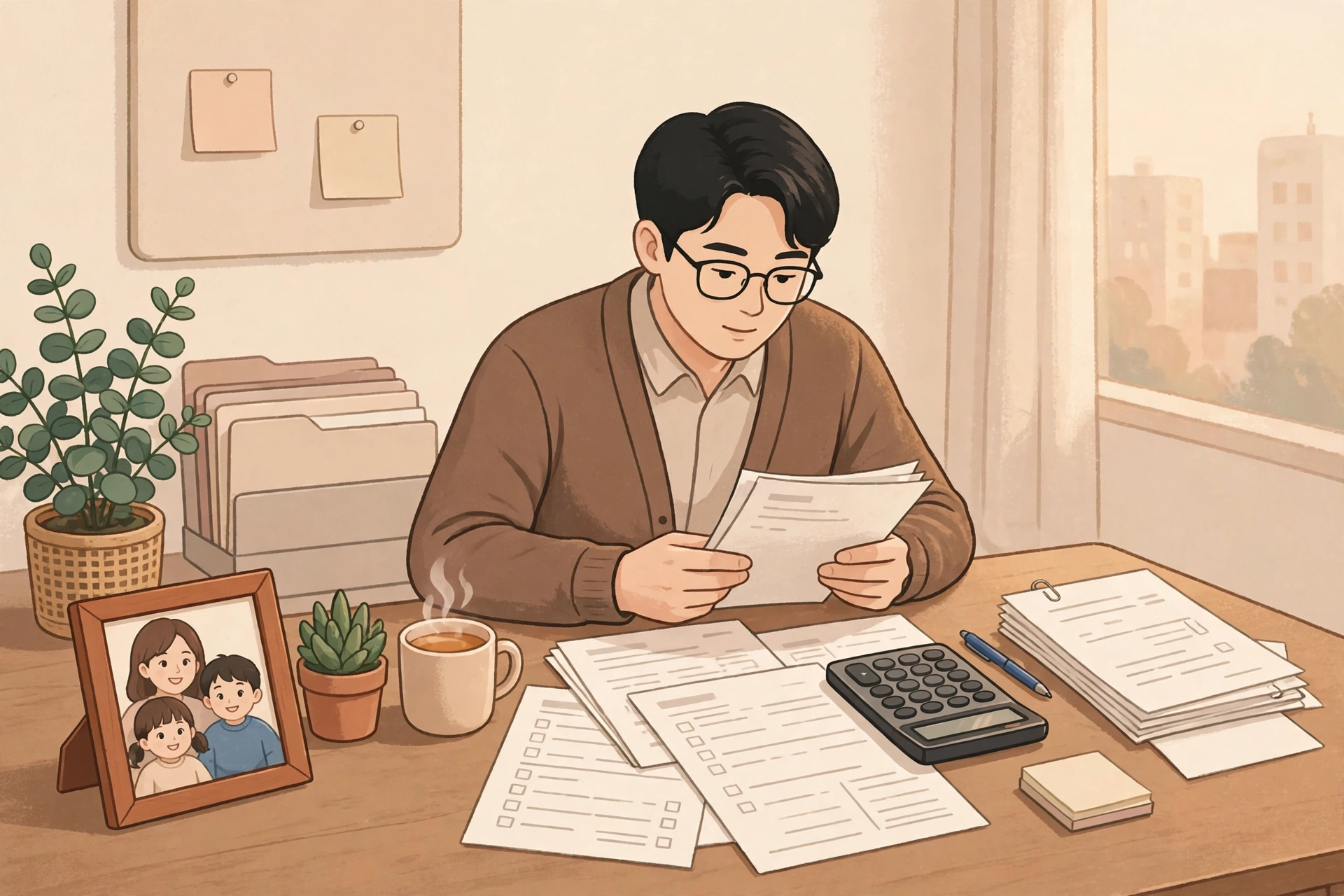 연말정산 서류와 가족 사진을 보며 계산하는 직장인 일러스트