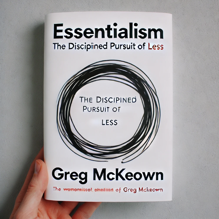 &quot;그렉 맥커운의 책 '에센셜리즘'에서 영감을 받은 미니멀한 디자인의 표지. 흰색 배경 위에 검은색 굵은 글씨로 'Essentialism'이 강조되어 있으며, 그 아래 작은 글씨로 'The Disciplined Pursuit of Less'가 쓰여 있음. 중심에는 단순한 손으로 그린 원형 낙서가 있으며, 저자의 이름 'Greg McKeown'이 하단에 정렬되어 있는 심플한 스타일의 디자인.&quot;