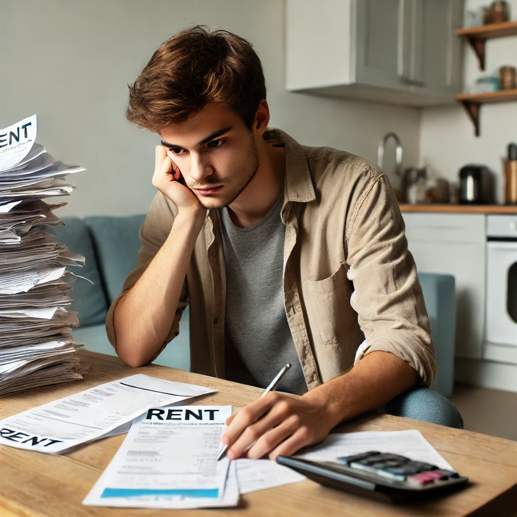 책상 위의 월세 청구서를 보고 스트레스를 받는 남성