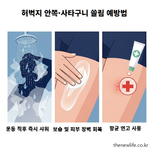 운동 후 허벅지 안쪽과 사타구니 쓸림을 예방하기 위해 샤워, 보습, 피부 장벽 회복, 항균 연고 사용 방법을 설명하는 이미지