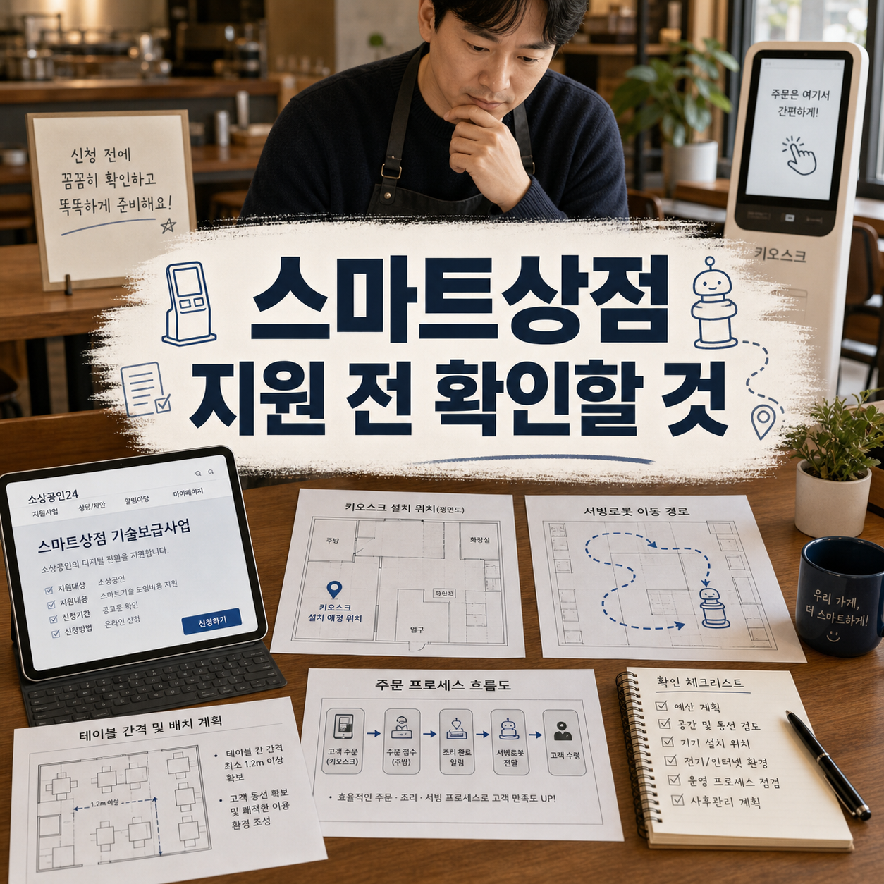 음식점 사장님이 스마트상점 기술보급사업 신청 전 키오스크와 서빙로봇 설치 동선을 확인하는 이미지