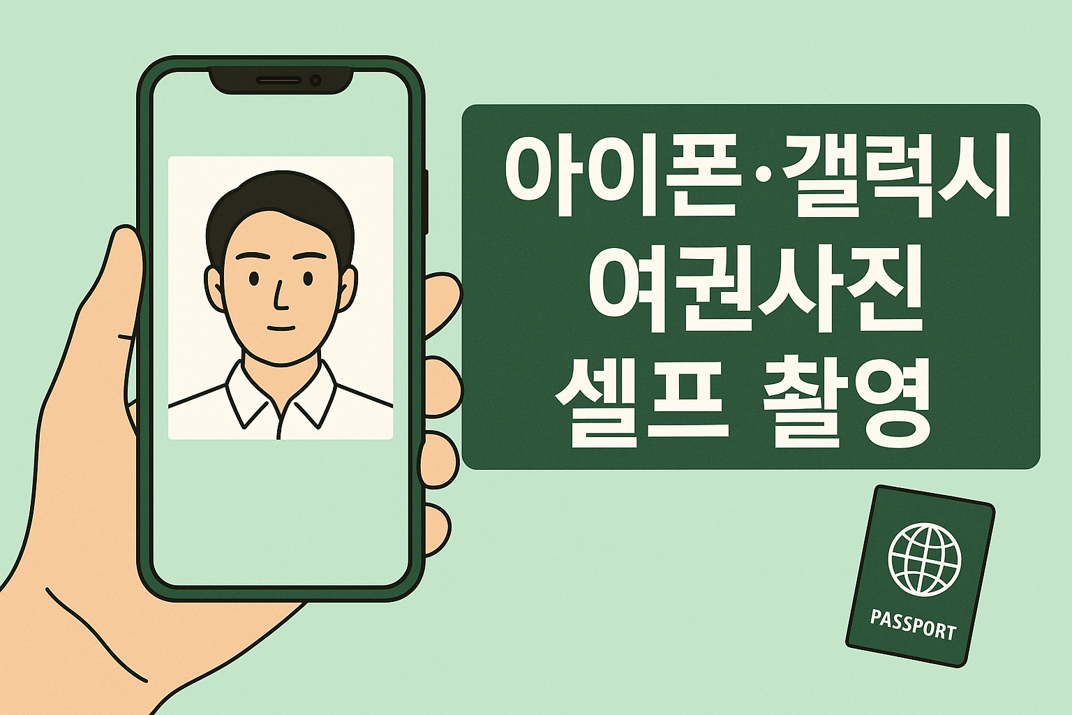 Passport photo self-shot guide thumbnail in pastel mint background ❘ 아이폰·갤럭시 여권사진 셀프 촬영 가이드 파스텔 민트 썸네일