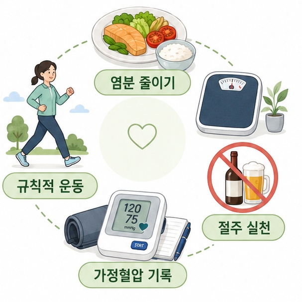 저염 식사와 걷기 운동, 체중계, 가정용 혈압계로 고혈압 생활관리와 가정혈압 기록의 중요성을 설명한 이미지