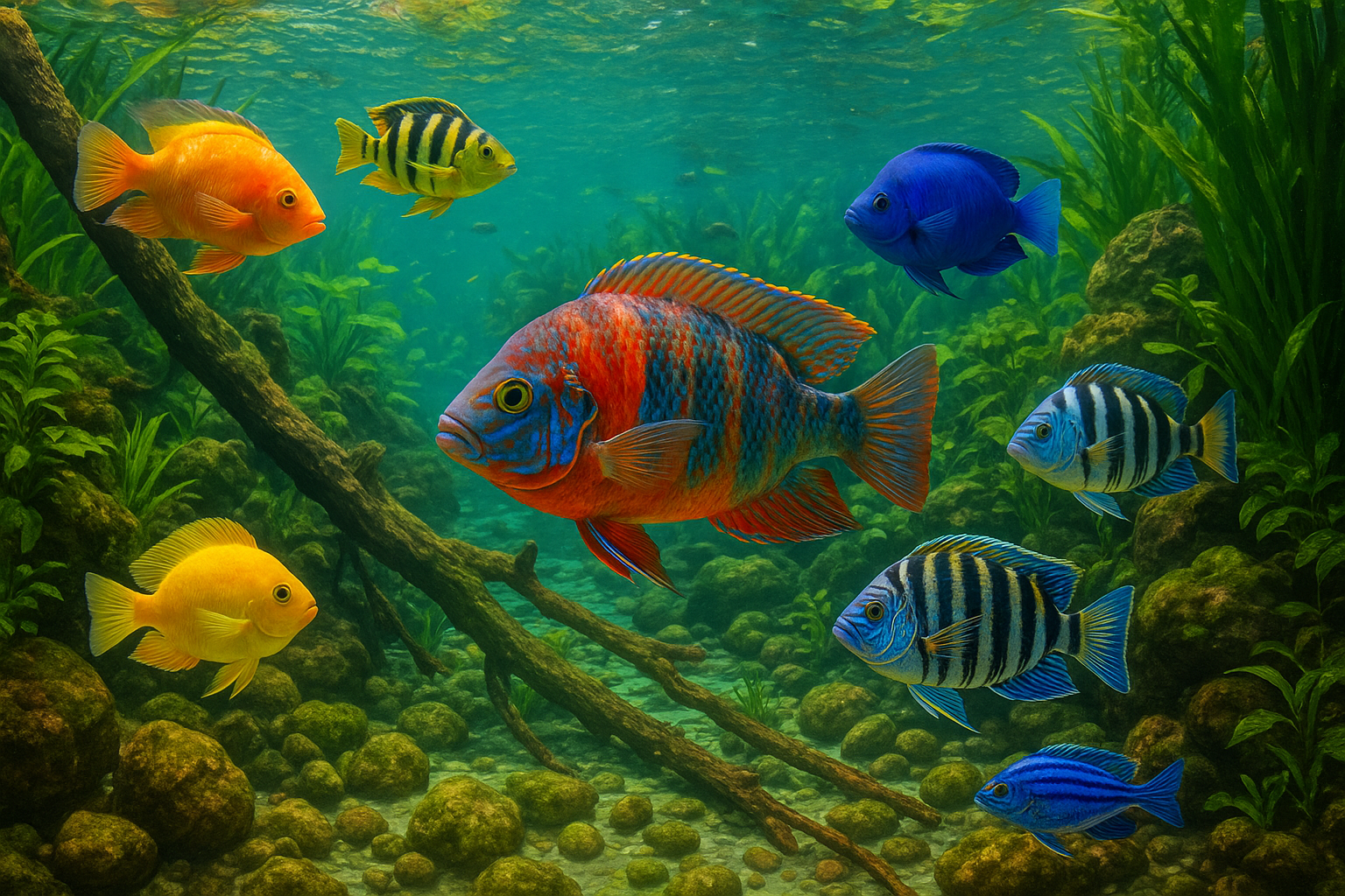 물속에서 다양한 색상의 야생 열대어들이 산호와 수초 사이를 헤엄치며 어우러진 열대 생태계의 모습을 보여주는 이미지