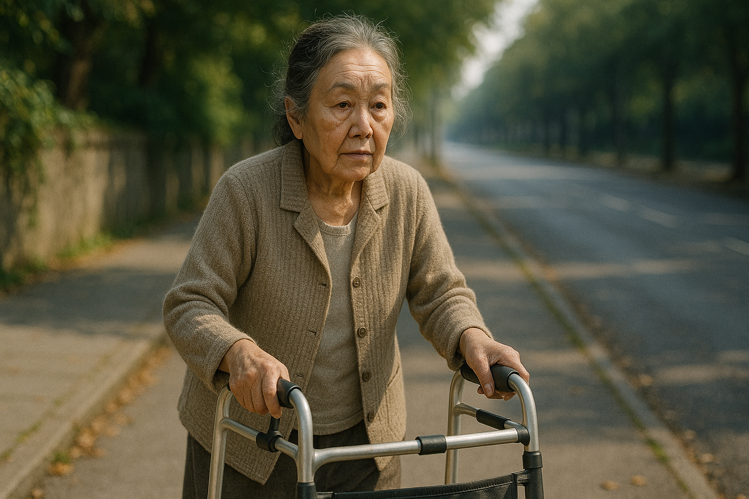 실버카를 밀며 길을 걸어가는 여성 노인의 모습