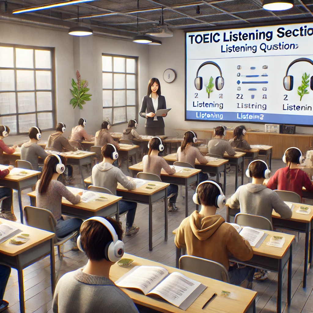 교실에서 토익 리스닝 연습을 하는 학생들