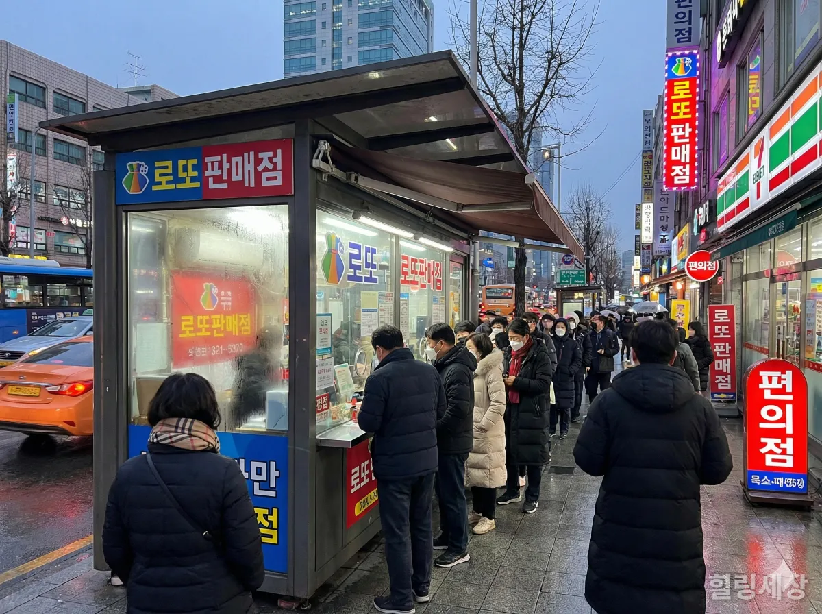 서울 도심의 인기 로또 판매점 앞 길게 줄 선 사람들