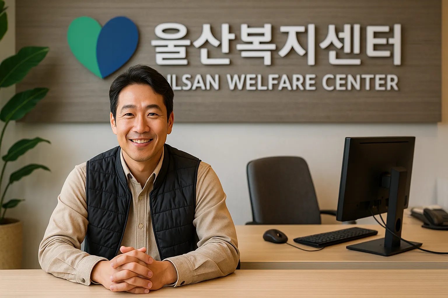 울산복지센터 안내 데스크에서 상담중인40대 남성 직원