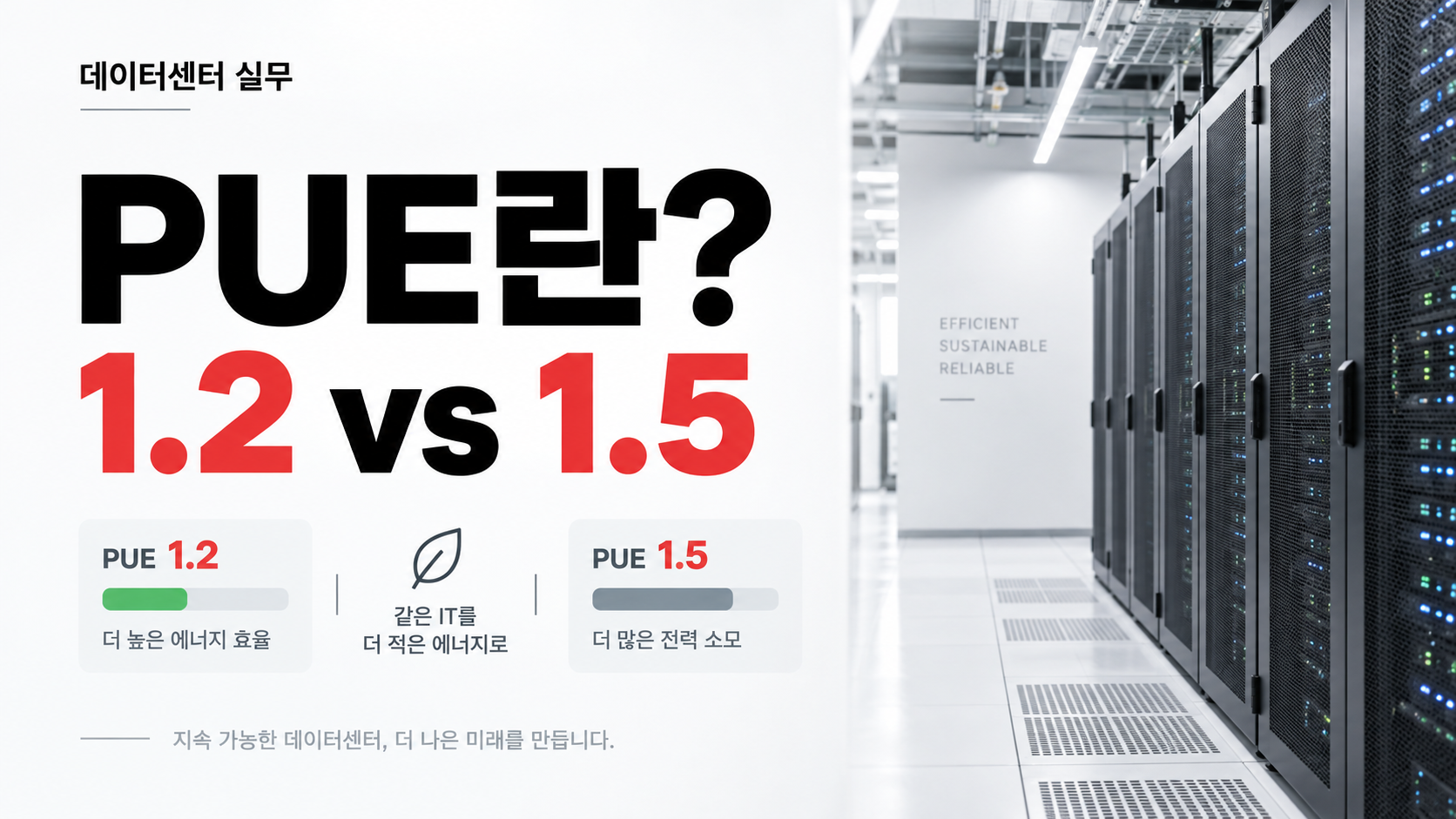 데이터센터 PUE 1.2와 1.5 전력 효율 비교