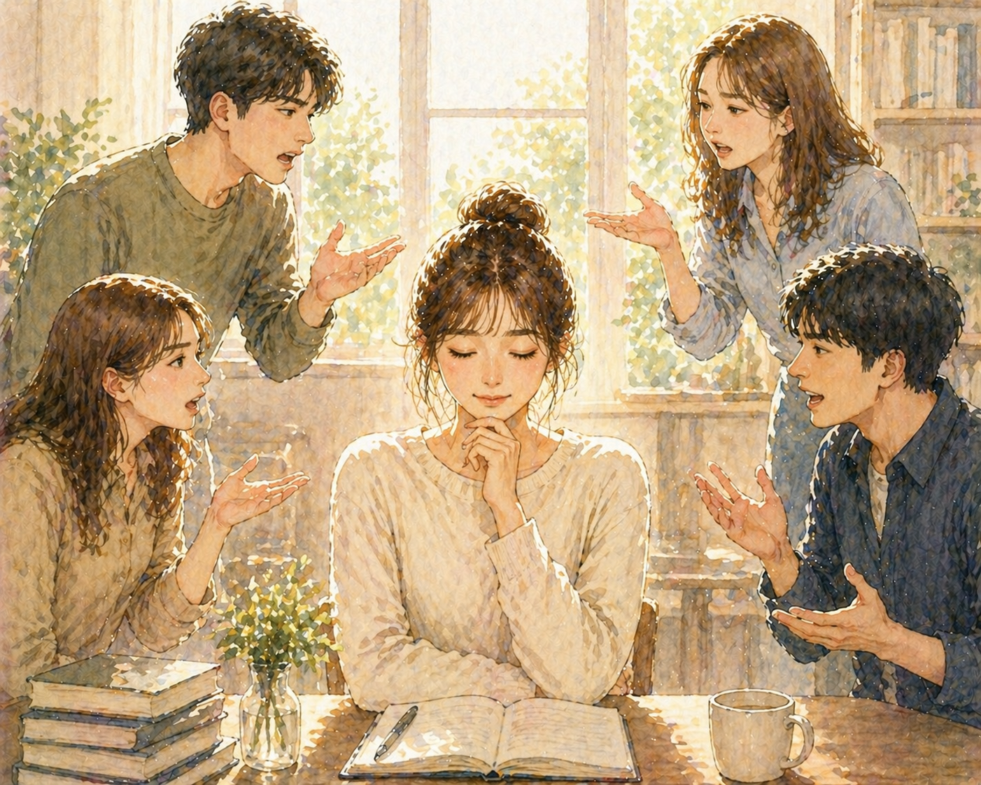 주변의 말에도 흔들리지 않고 차분히 중심을 지키는 여성의 수채화 일러스트