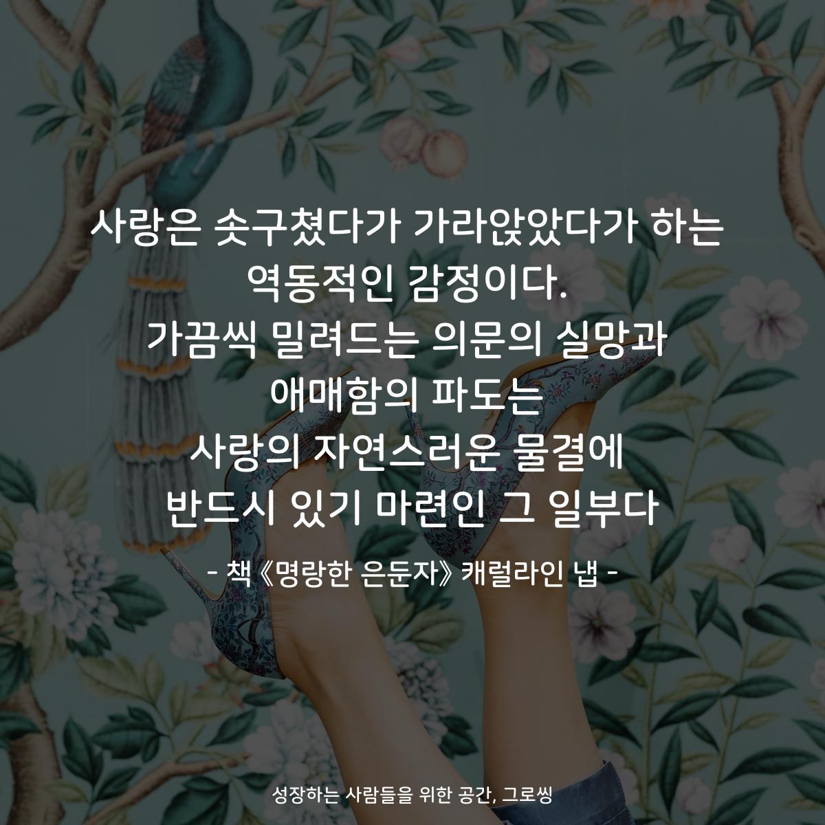사랑은 솟구쳤다가 가라앉았다가 하는
역동적인 감정이다.
가끔씩 밀려드는 의문의 실망과
애매함의 파도는
사랑의 자연스러운 물결에
반드시 있기 마련인 그 일부다