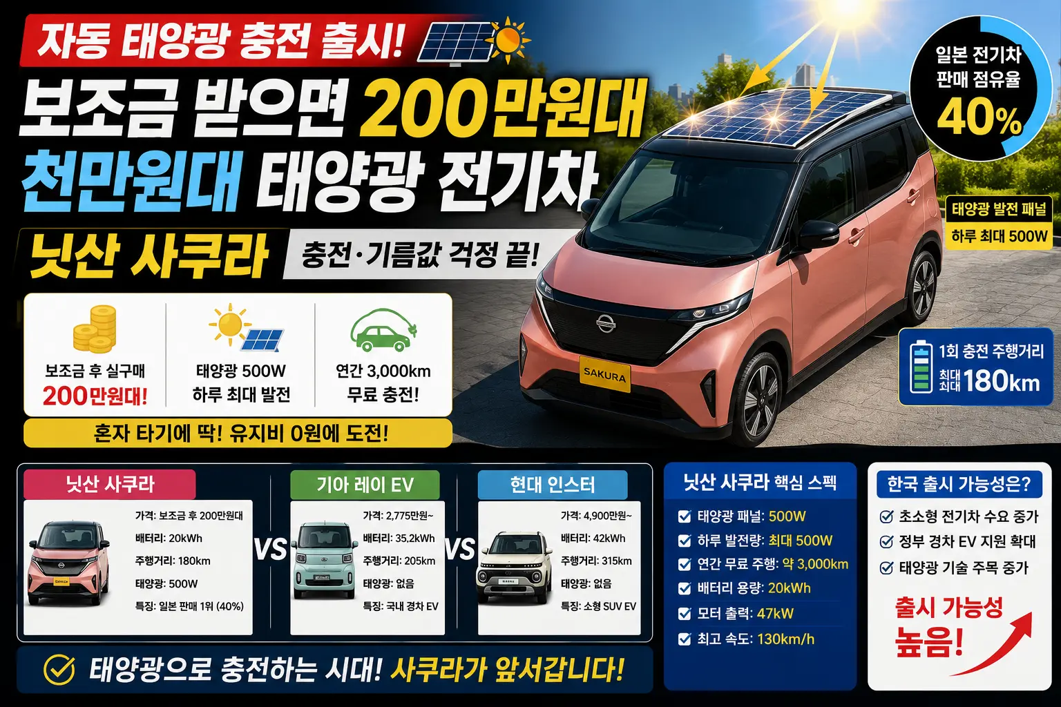 천만원대 태양광 전지차 닛산 사쿠라 충전 기름값 걱정끝 이미지