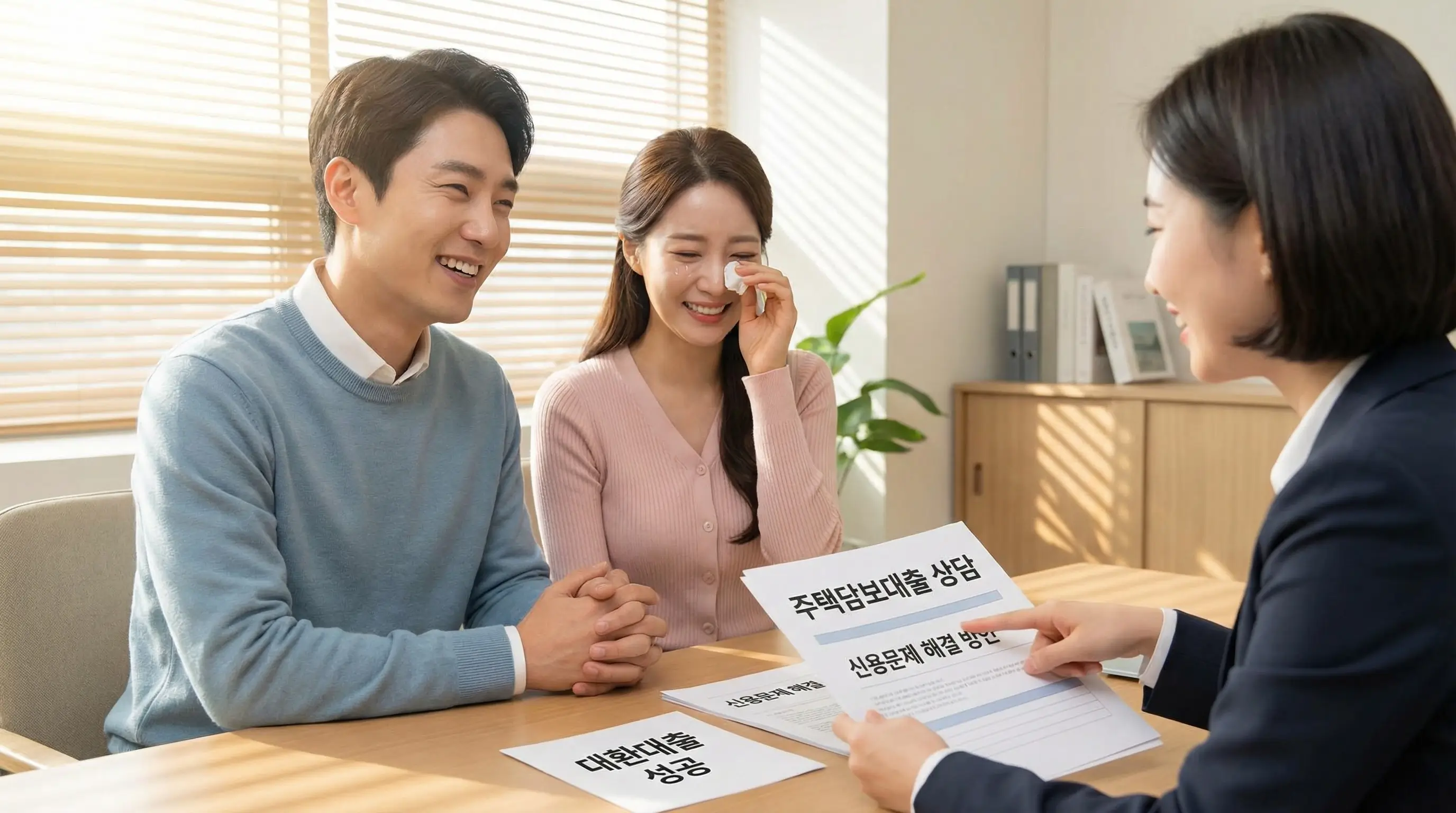 신혼부부가 주택 담보 대출 상담을 받으며 배우자 신용 문제 해결책을 찾고 안도하는 모습
