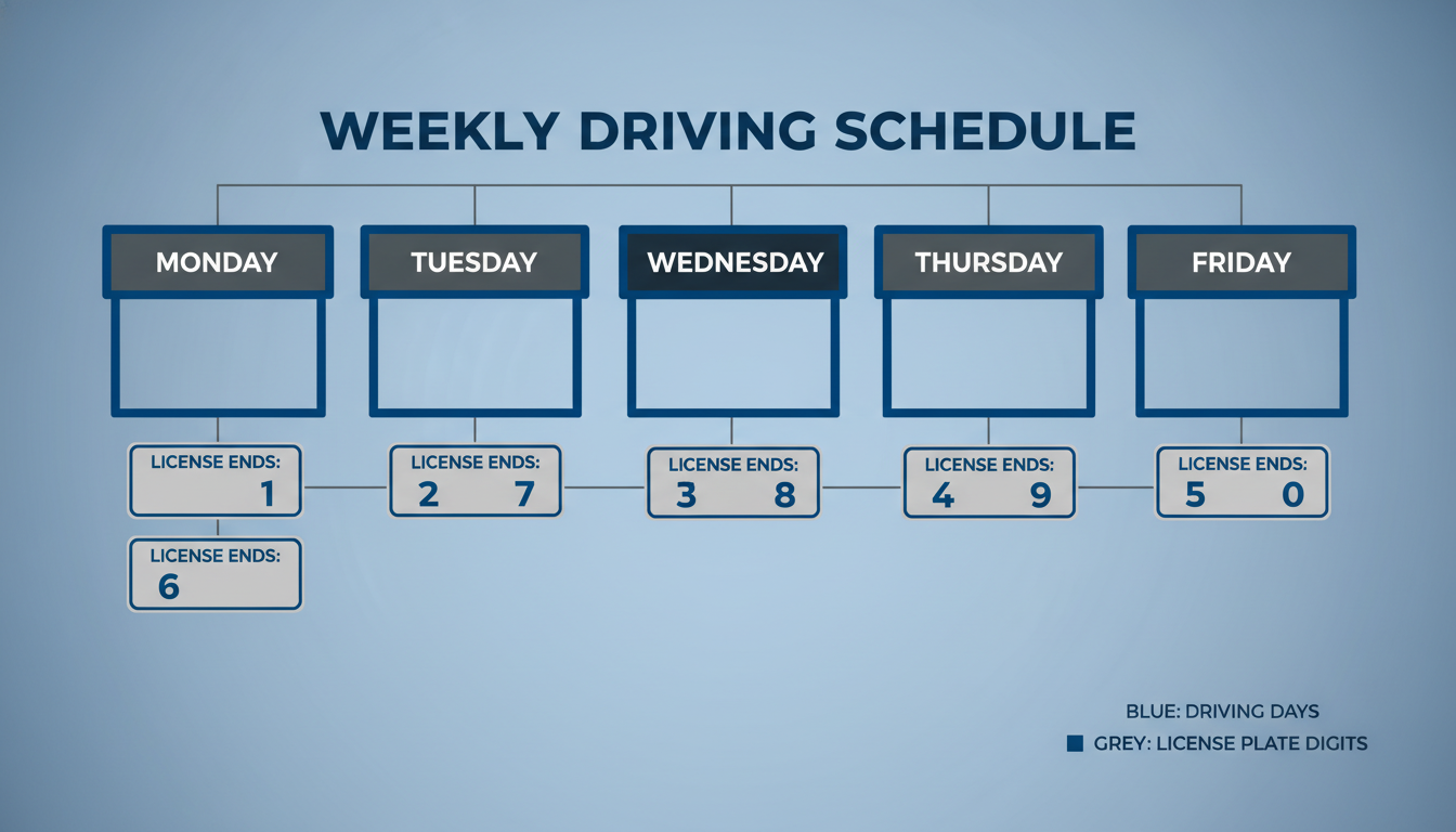 차량 번호 끝자리에 따른 월요일부터 금요일까지의 차량 5부제 적용 요일 안내 인포그래픽