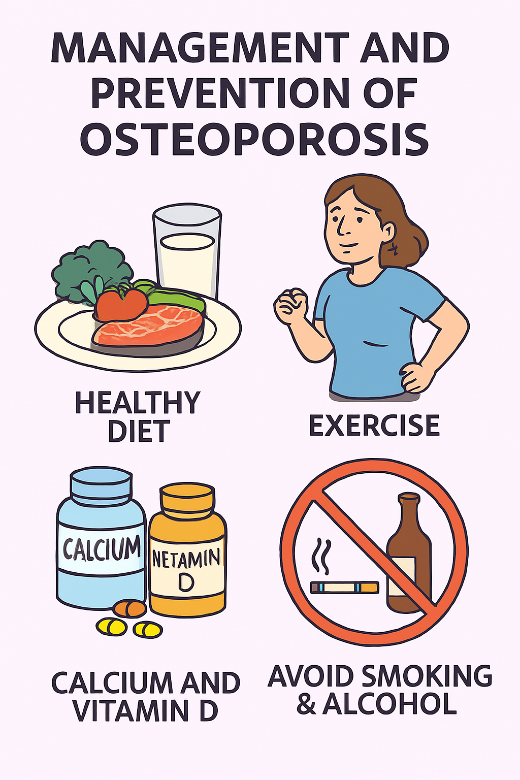 골다공증 관리와 예방에대한 인포그래픽으로
건강한 식단, 운동하는 여성, 칼슘과 비타민D(약통), 금연과 금주에대한 4가지 이미지가 그려져있음