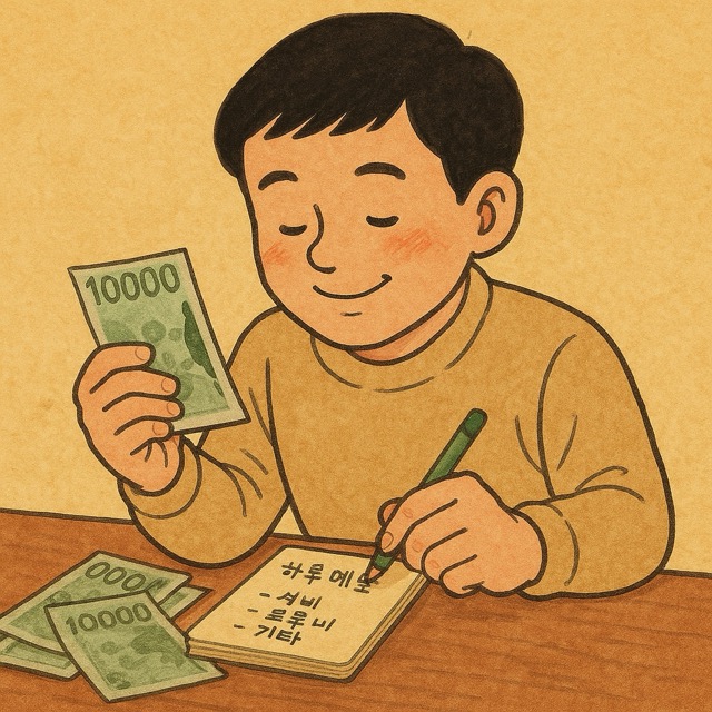 지폐로 하루 예산을 세며 작은 메모장에 지출 계획을 적는 주인공