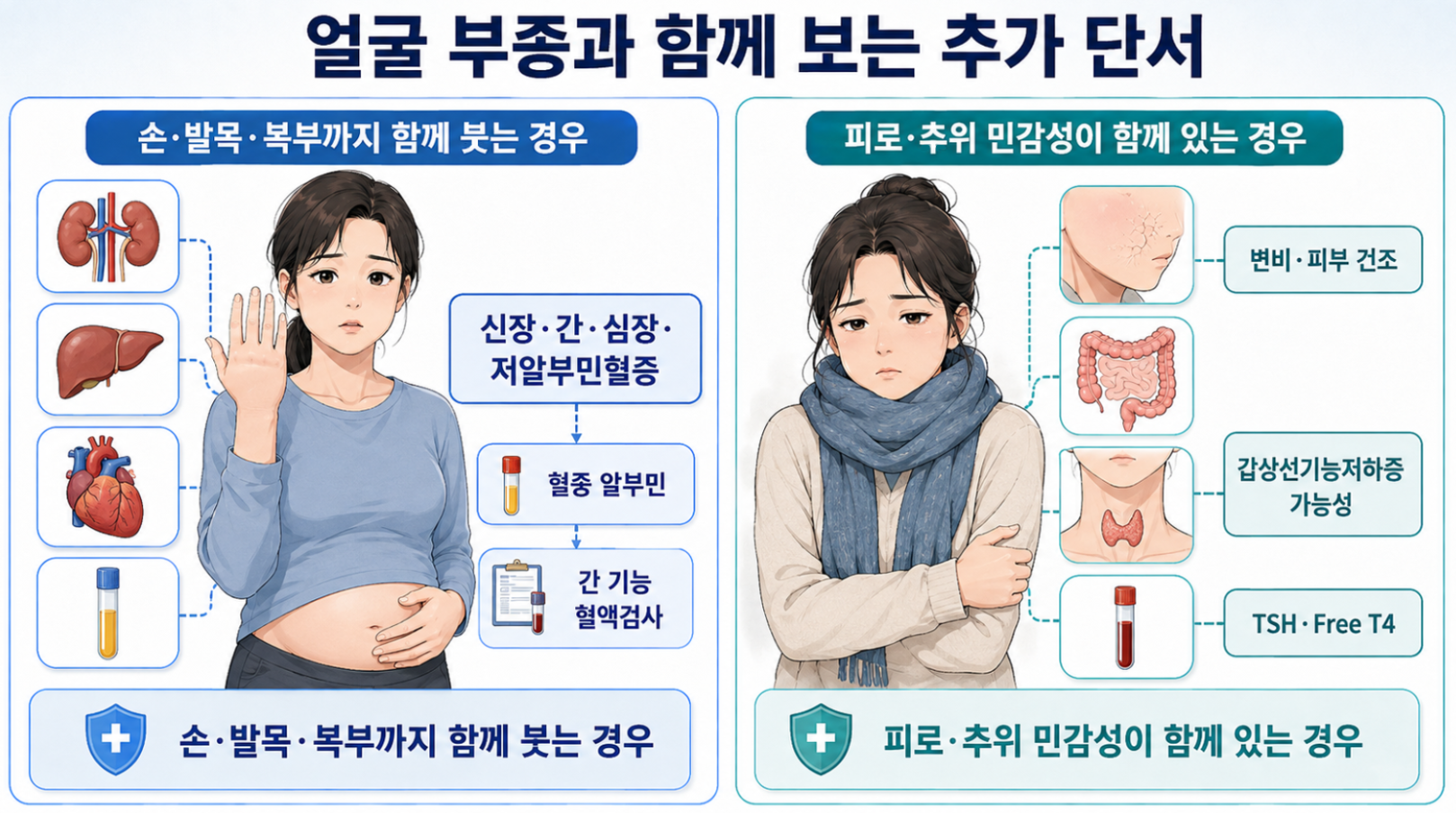 얼굴 부종과 손&middot;발목&middot;복부 부종, 피로&middot;추위 민감성에 따른 추가 단서 비교