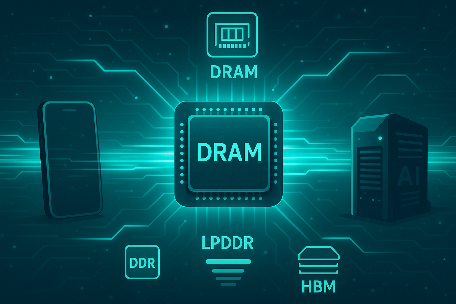 스마트폰과 AI 서버를 연결하는 고속 데이터 흐름, 중앙에는 디램 반도체 칩이 빛나고, 주변에 다양한 메모리 종류인 DDR, LPDDR, HBM이 아이콘처럼 배치