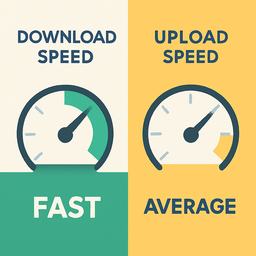 인터넷 속도 측정 인포그래픽, 빠른 다운로드 속도와 보통 업로드 속도 게이지 비교,Internet speed test infographic showing fast download speed versus average upload speed gauges.