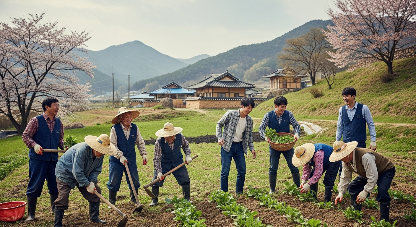 젊은 청년과 노인들이 농촌에서 일하고 있는 모습
