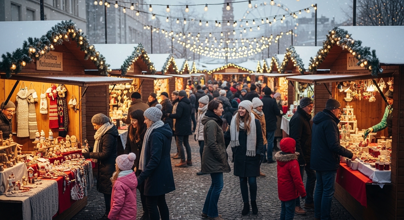 따뜻한 조명 아래 겨울옷을 입은 사람들이 북적이는 야외 크리스마스 마켓 풍경