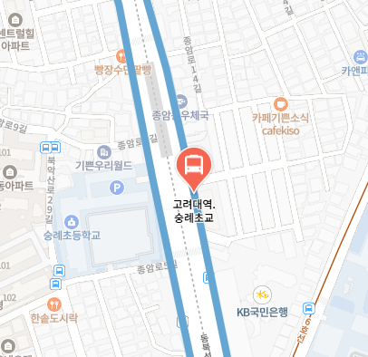 고려대역.숭례초교에서 인천공항 리무진 공항버스(6102번) 지도 위치