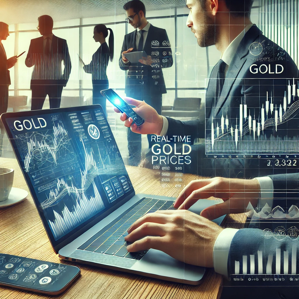 이 이미지는 투자자들이 노트북과 스마트폰으로 실시간 금 가격을 확인하는 장면을 보여줍니다. 화면에는 금융 앱과 금 가격 추세 차트가 표시되며, 배경은 현대적인 오피스 환경입니다.