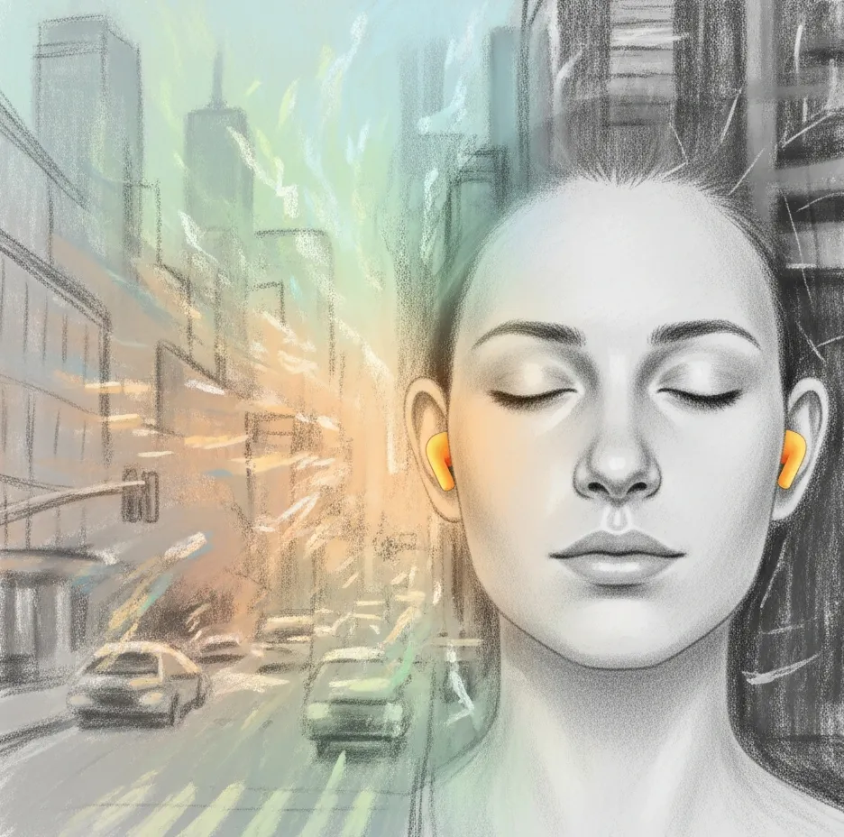 귀마개로 소음 줄이는 장면