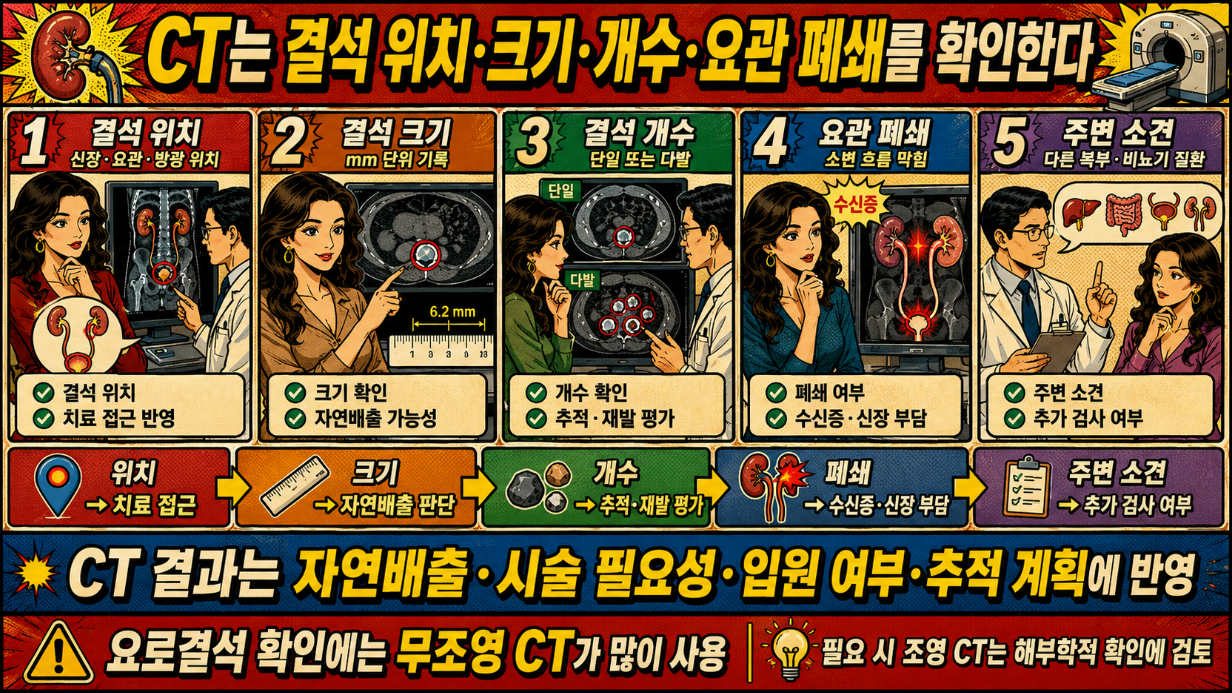 6. CT 검사로 요로결석의 위치, 크기, 개수, 요관 폐쇄와 주변 소견을 확인하는 의료 만화 인포그래픽