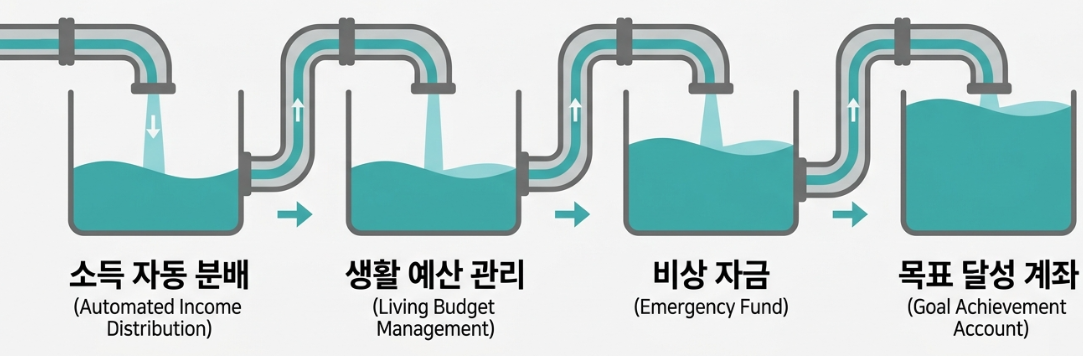 돈이 모이는 4단계 자동화 구조 &mdash; 수입 분리에서 목적 통장까지 연결된 시스템