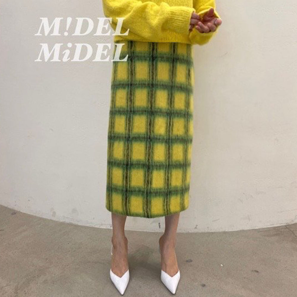 모헤어 H라인 울 체크 스커트 모직 슬릿 밴딩 겨울 치마