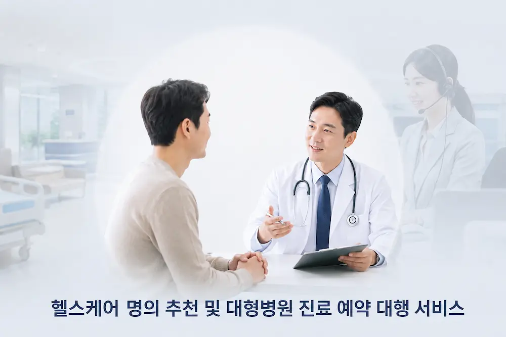 의사와 환자가 상담하는 모습과 헬스케어 서비스의 상담원 일러스트