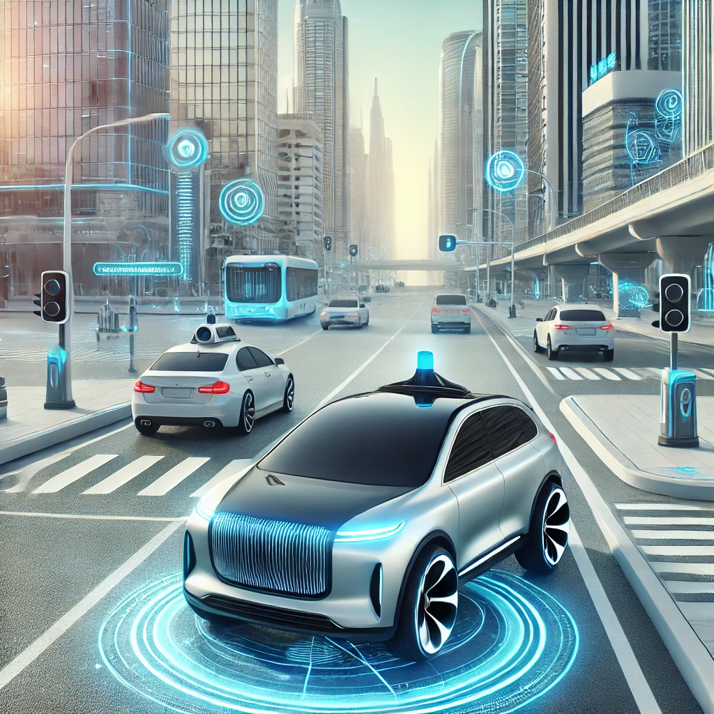 자율주행 자동차가 스마트 도시 도로를 달리는 미래적인 모습을 그린 이미지