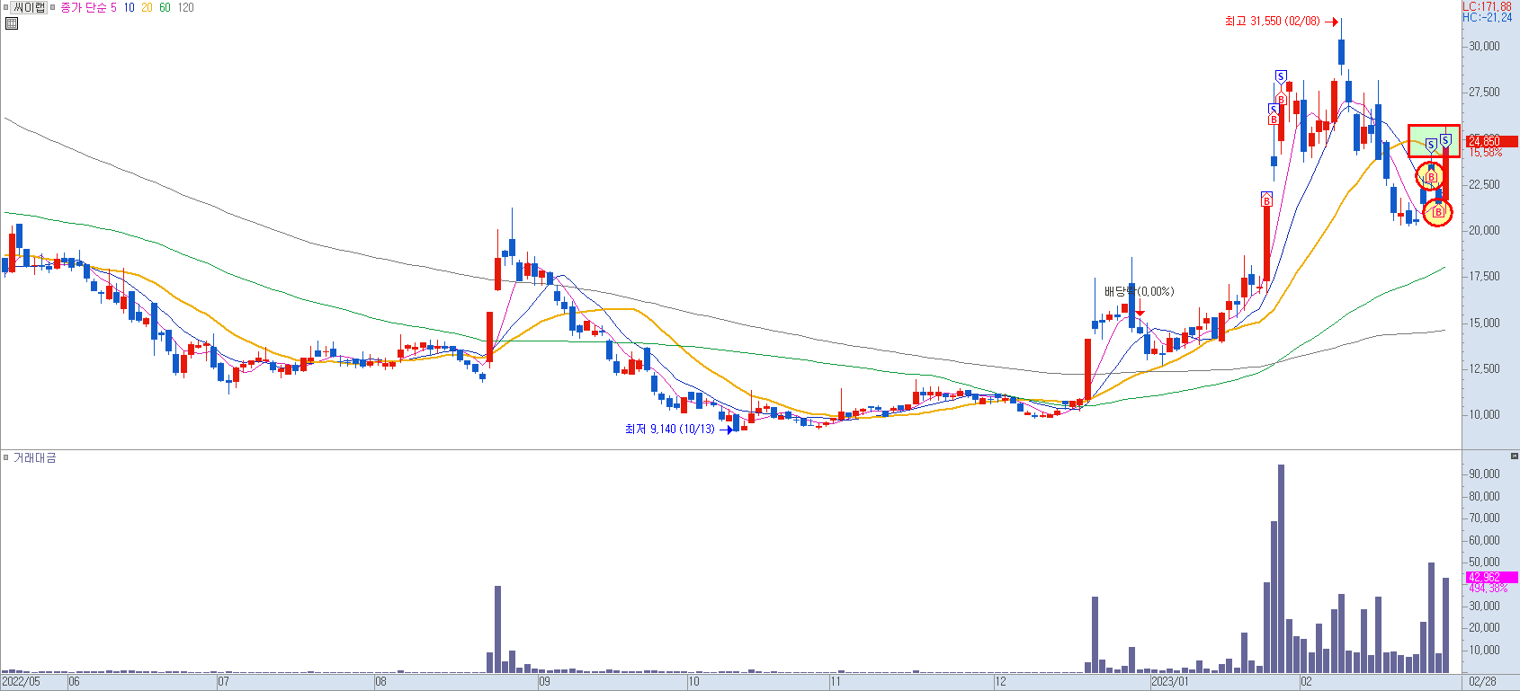 씨이랩 일봉 차트