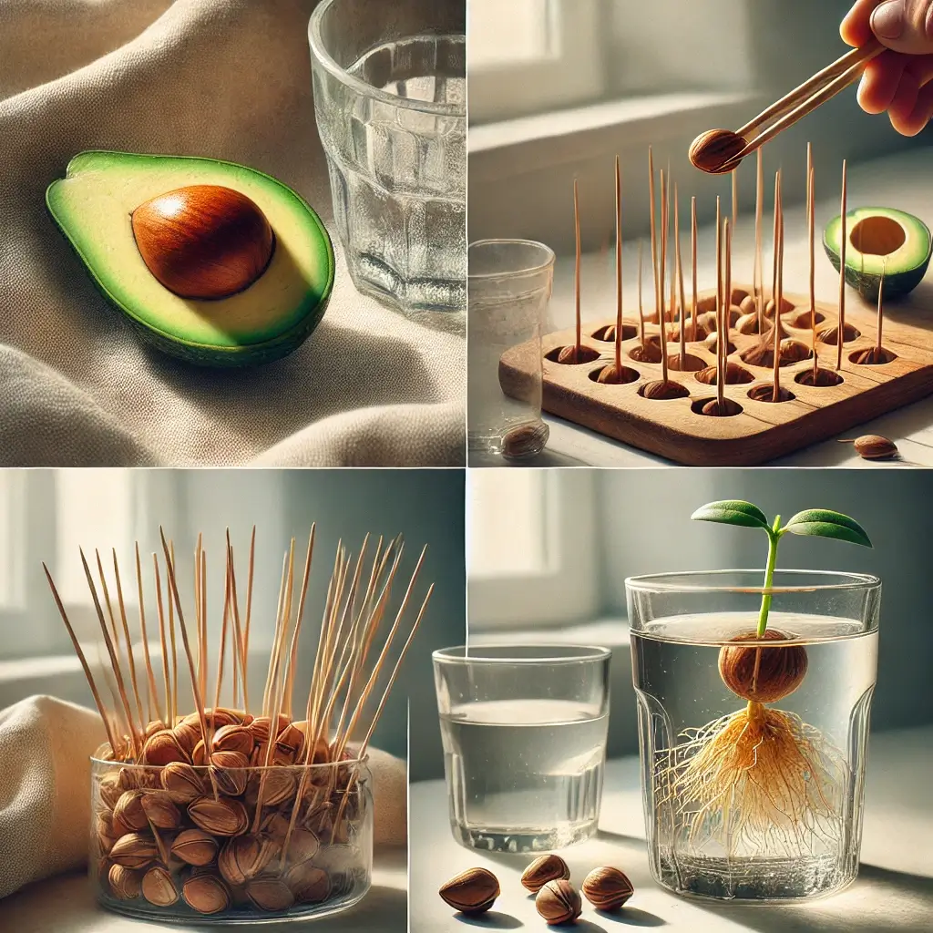 아보카도 씨앗 준비와 발아 과정을 보여주는 콜라주 이미지