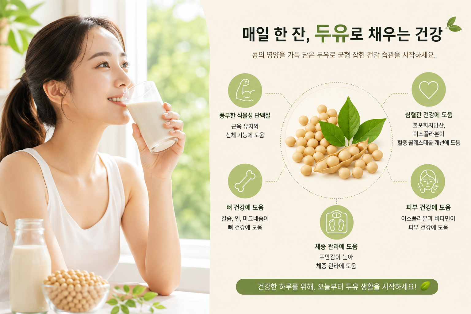 밝고 건강한 느낌의 인물이 두유를 마시는 사진 또는 콩과 건강을 연결한 일러스트