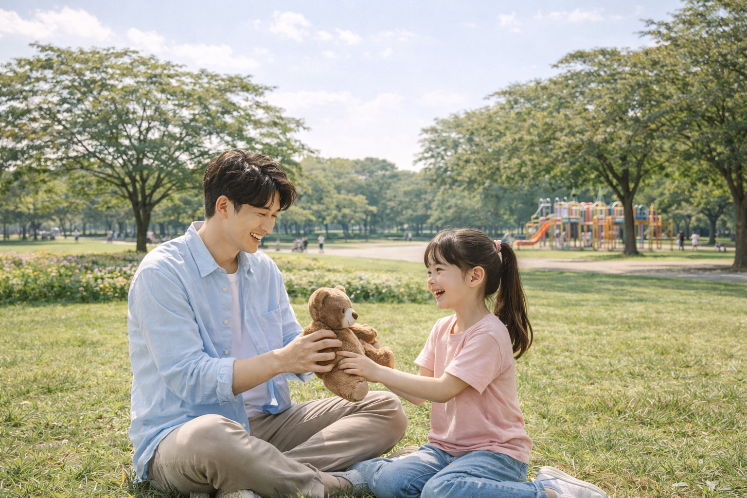 공원에서 아빠와 7살 여자아이가 곰 인형을 가지고 다정하게 놀고 있는 모습