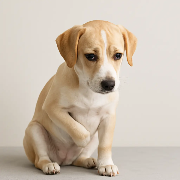 걱정스러운 표정으로 앉아 있는 강아지, 변비로 인한 불편함을 표현한 모습