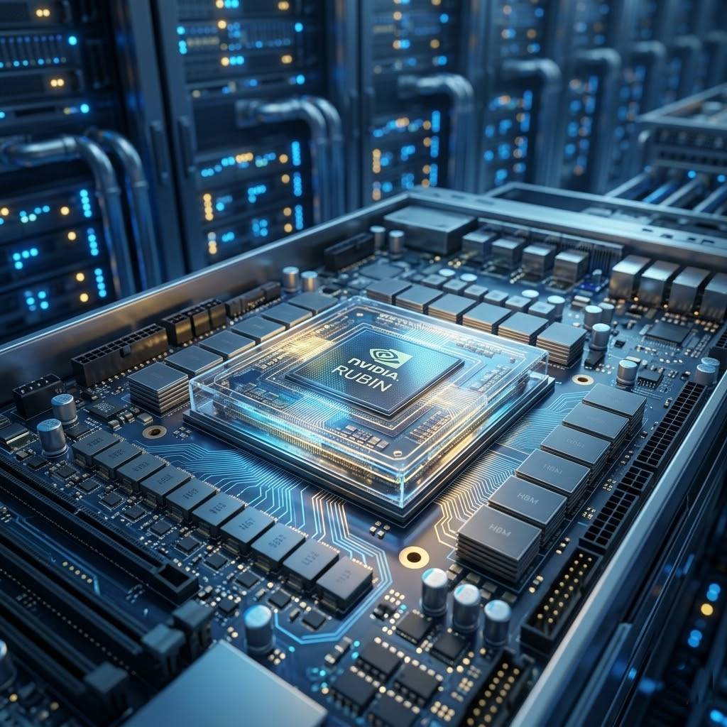 거대한 데이터 센터 내부에서 신비롭게 빛나는 차세대 엔비디아 루빈 GPU 칩셋을 근접 촬영한 고해상도 3D 렌더링 이미지