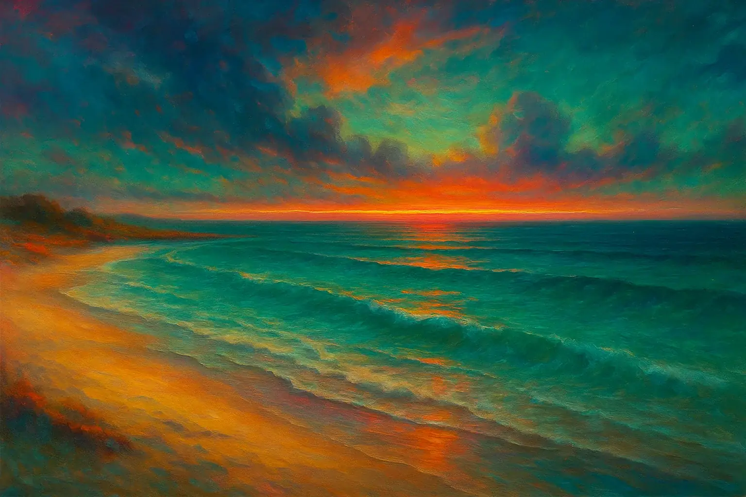 화려한 석양빛이 물든 바닷가 풍경, 붉은 노을과 에메랄드빛 파도가 어우러진 환상적인 해변 장면