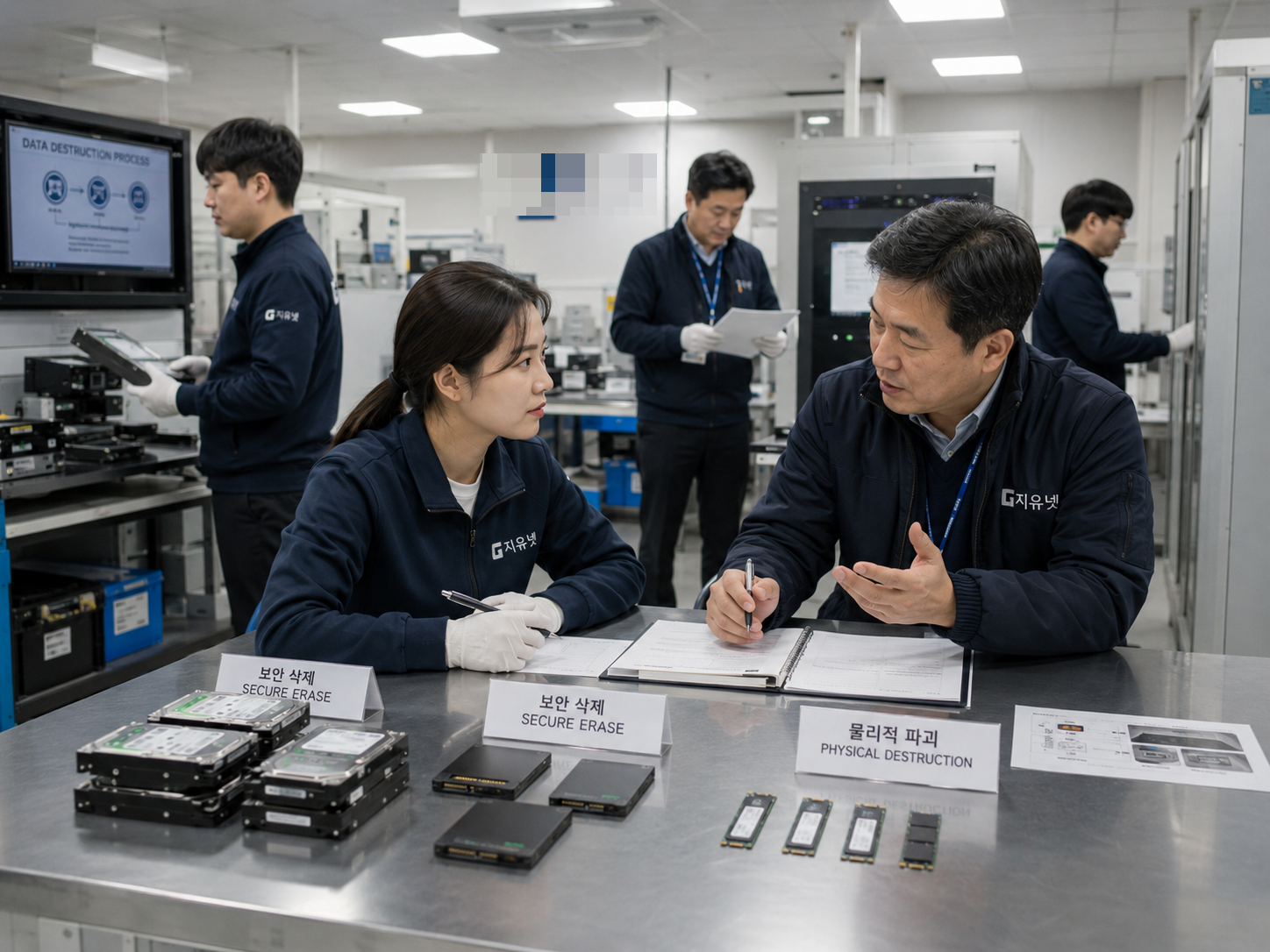 연구소 워크스테이션에서 분리한 HDD SSD M.2 SSD를 보안 기준에 따라 파기 방식별로 구분하는 장면