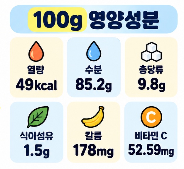 한라봉 100g의 열량, 수분, 당류, 식이섬유, 칼륨, 비타민 C 영양성분을 정리한 카드