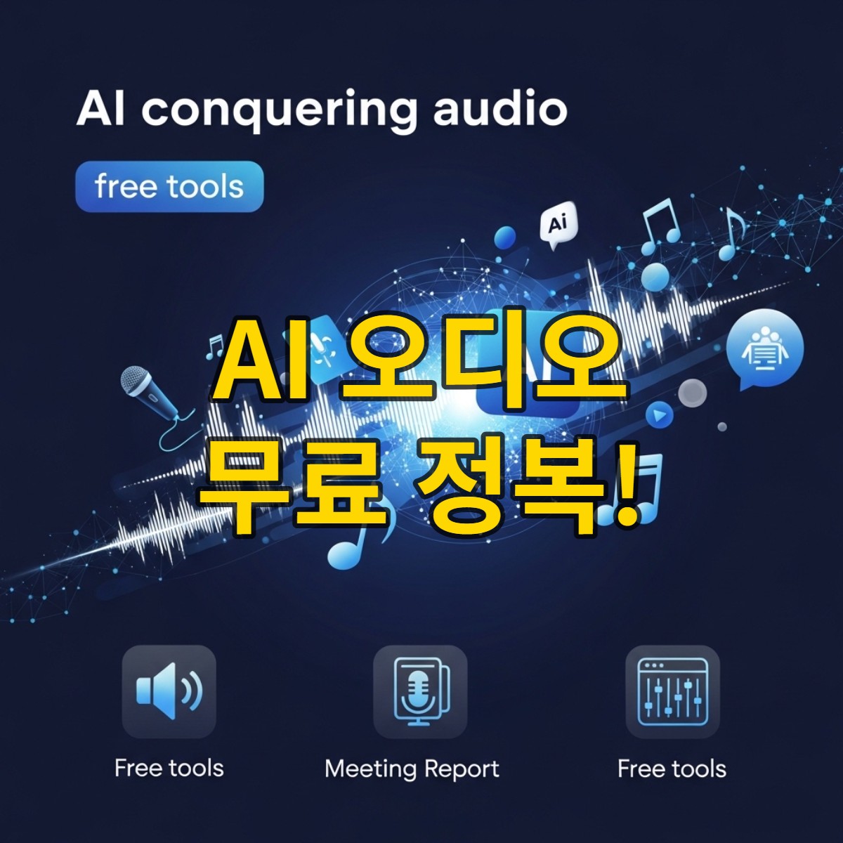 AI 기술로 음성 분석, 음악 마스터링, 음성 합성을 무료로 할 수 있는 미래형 오디오 콘텐츠 제작 도구들을 나타내는 이미지.