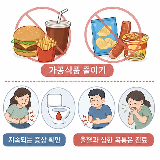 식이섬유가 부족한 가공식품 위주의 식사를 줄이고 출혈이나 지속적인 복통 같은 위험 신호가 있으면 진료가 필요함을 보여주는 그림
