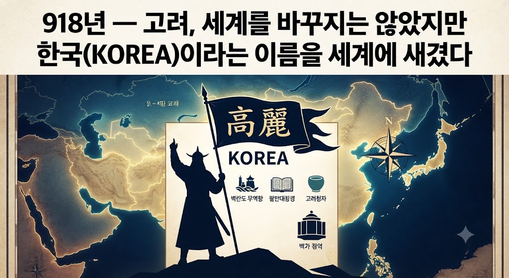 10세기 동아시아의 혼란스러운 정세 속에서 빛나는 고려의 국호 '高麗(고려)'를 중앙에 배치했습니다. 좌측 상단에는 왕건의 실루엣을, 배경에는 벽란도를 오가는 국제 무역선의 항로를 그래픽으로 표현하여 '세계를 향해 열린 문명'이라는 주제를 강조했습니다. 하단에는 직관적인 한글 텍스트로 핵심 내용을 요약했습니다.