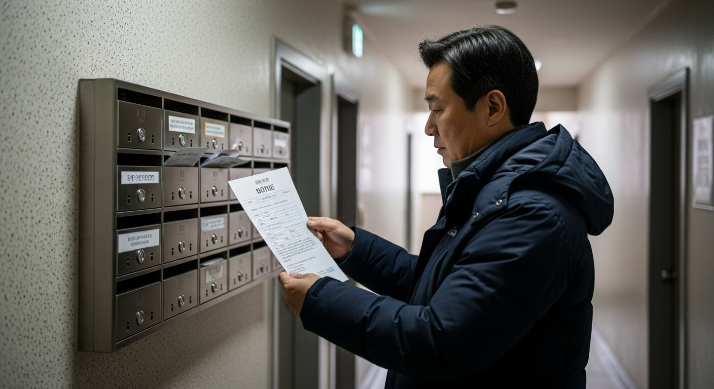 한국 아파트 복도 우편함 앞에서 40~50대 남성이 안내문을 꺼내 읽는 모습
