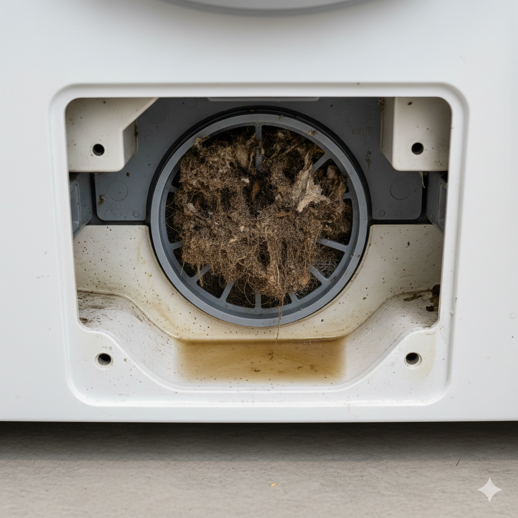 드럼세탁기 하단 커버 내부의 오염된 배수 필터와 찌꺼기 시각 자료