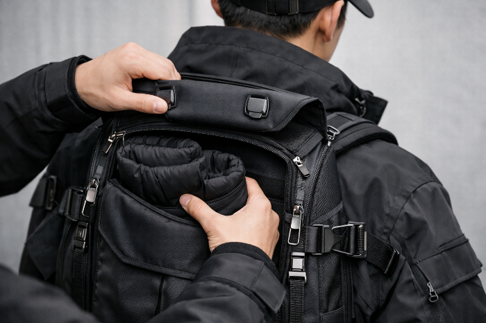 분리된 부품을 효율적으로 보관하는 지능형 수납 시스템이 적용된 테크니컬 웨어.