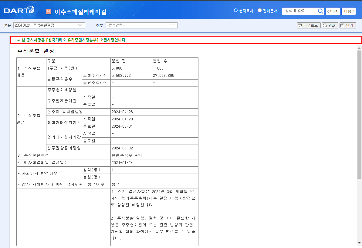 이수스페셜티케미컬 공시